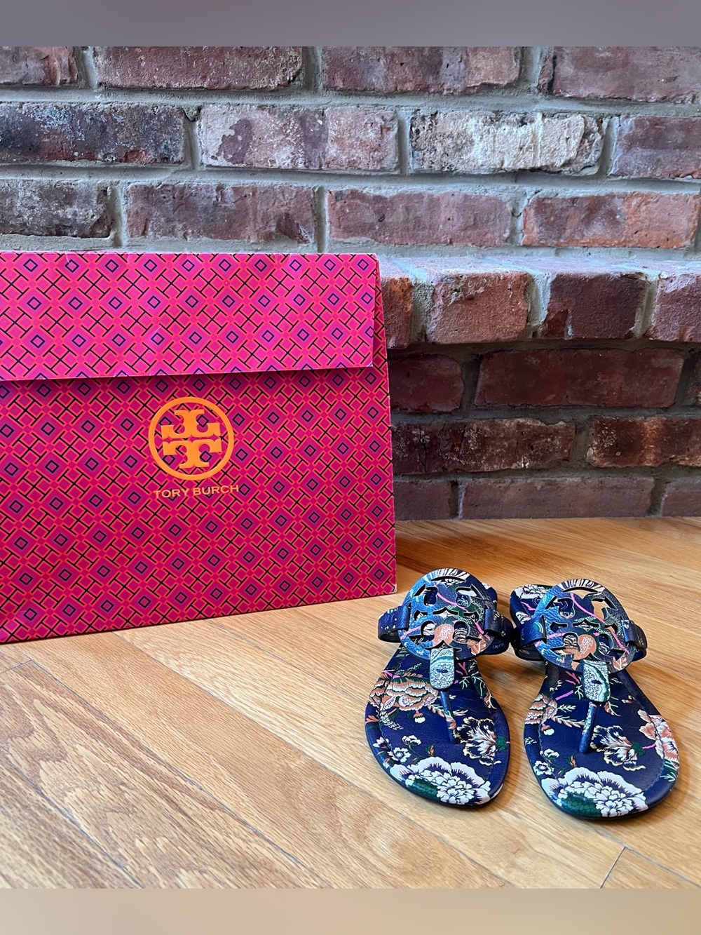 Tory Burch Happy Times Navy Floral Printed Tumbled Leather Miller Sandals